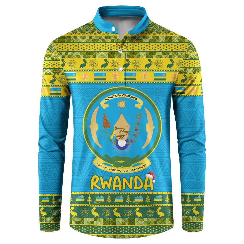 Blue and green patterned pullover sweatshirt with button placket, Rwanda crest graphic