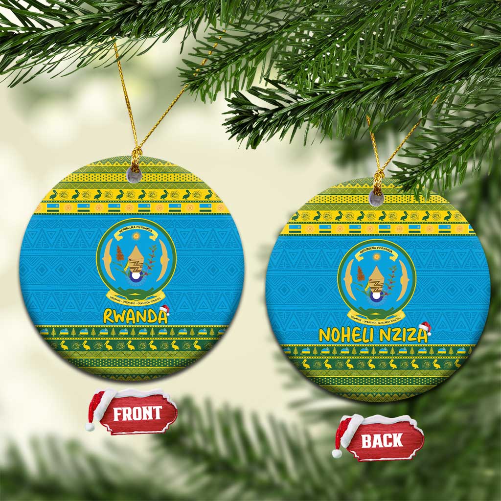 Blue round ceramic Rwanda Christmas ornament with coat-of-arms crest and Rwanda/Noheli Nziza text