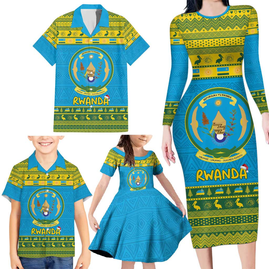 Rwanda Christmas Family Matching Long Sleeve Bodycon Dress and Hawaiian Shirt Coat Of Arms Noheli Nziza