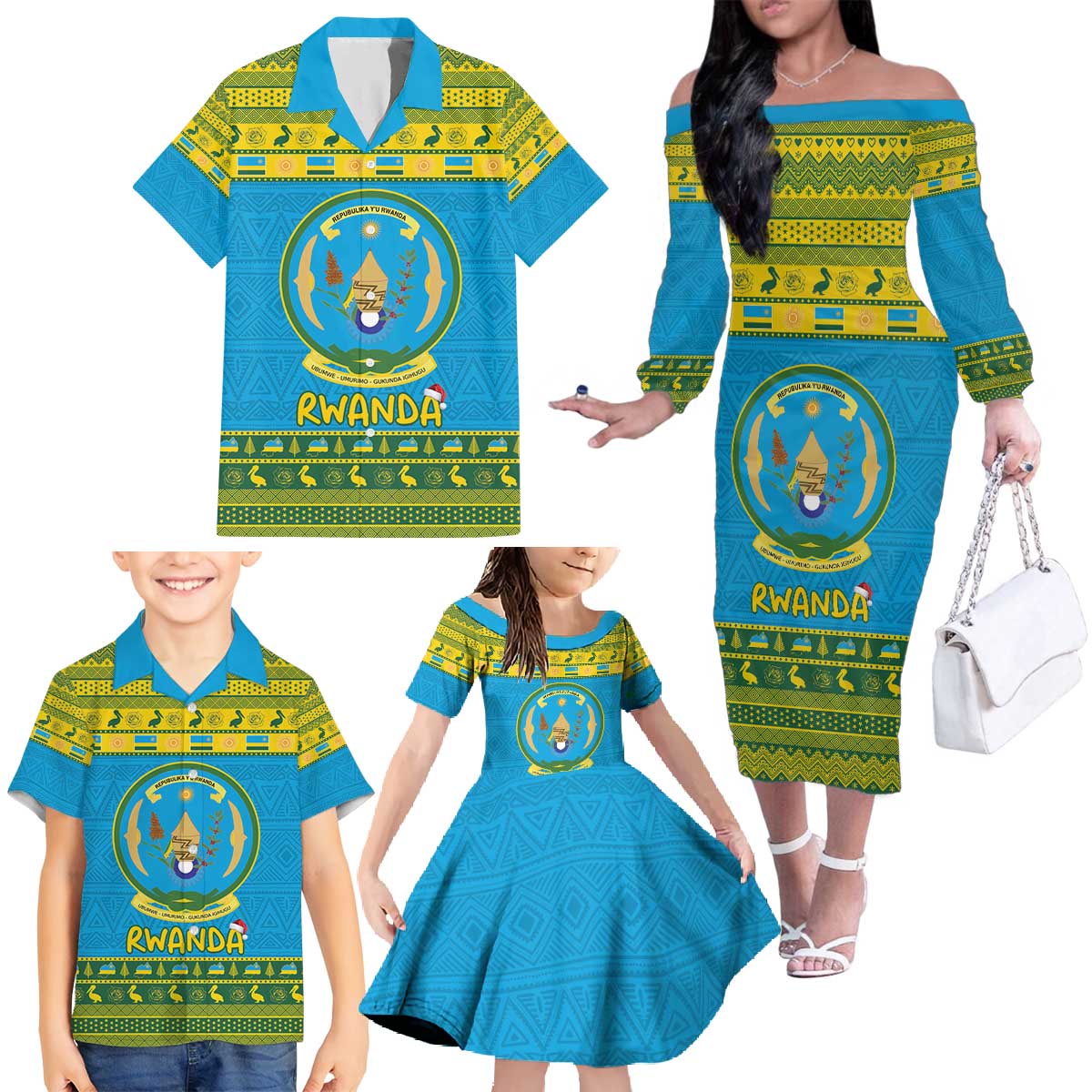 Rwanda Christmas Family Matching Off The Shoulder Long Sleeve Dress and Hawaiian Shirt Coat Of Arms Noheli Nziza