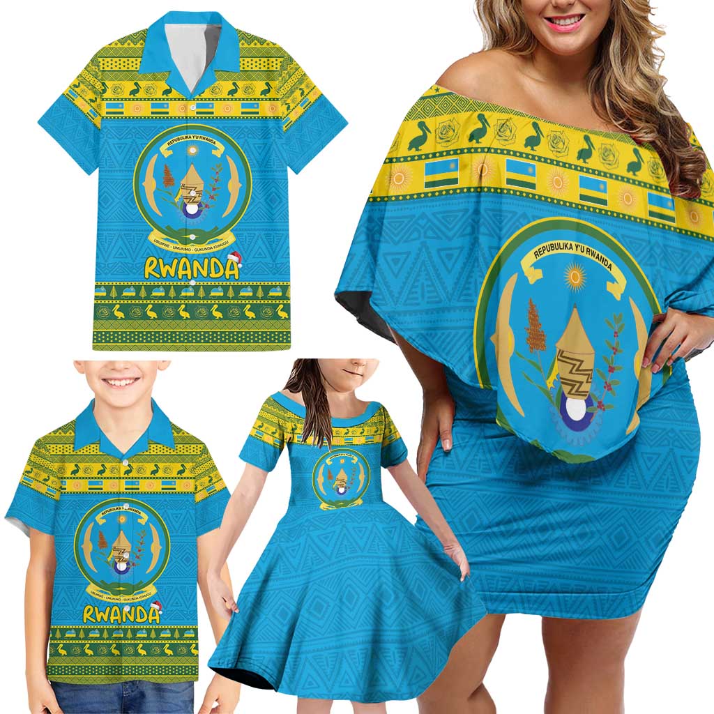 Rwanda Christmas Family Matching Off Shoulder Short Dress and Hawaiian Shirt Coat Of Arms Noheli Nziza