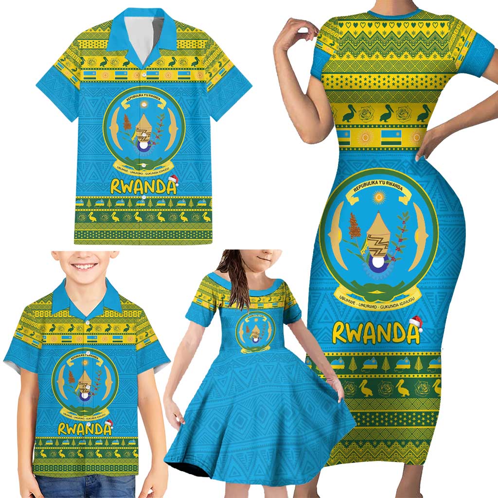 Rwanda Christmas Family Matching Short Sleeve Bodycon Dress and Hawaiian Shirt Coat Of Arms Noheli Nziza