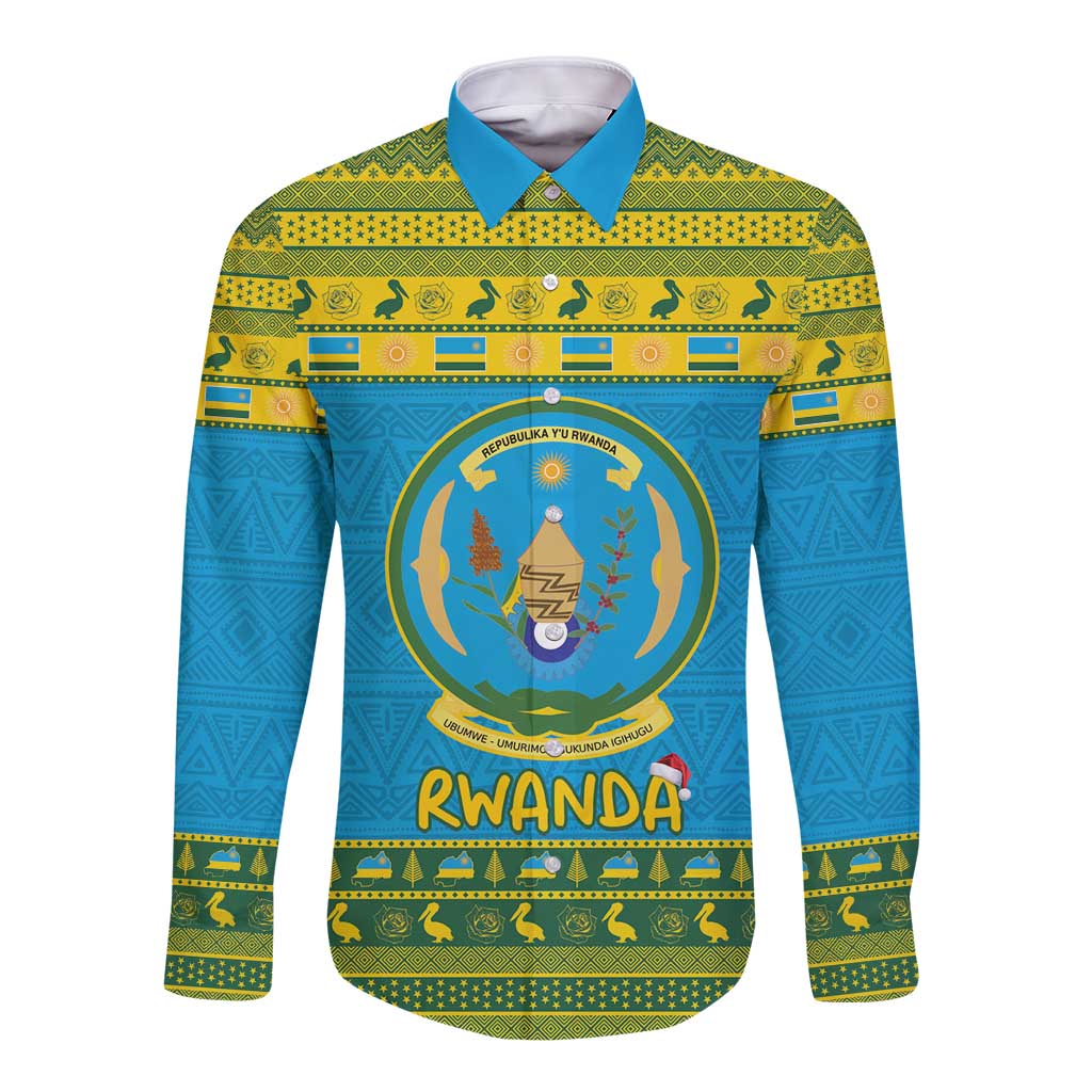 Blue long sleeve button shirt with green/gold trim and Rwanda crest front
