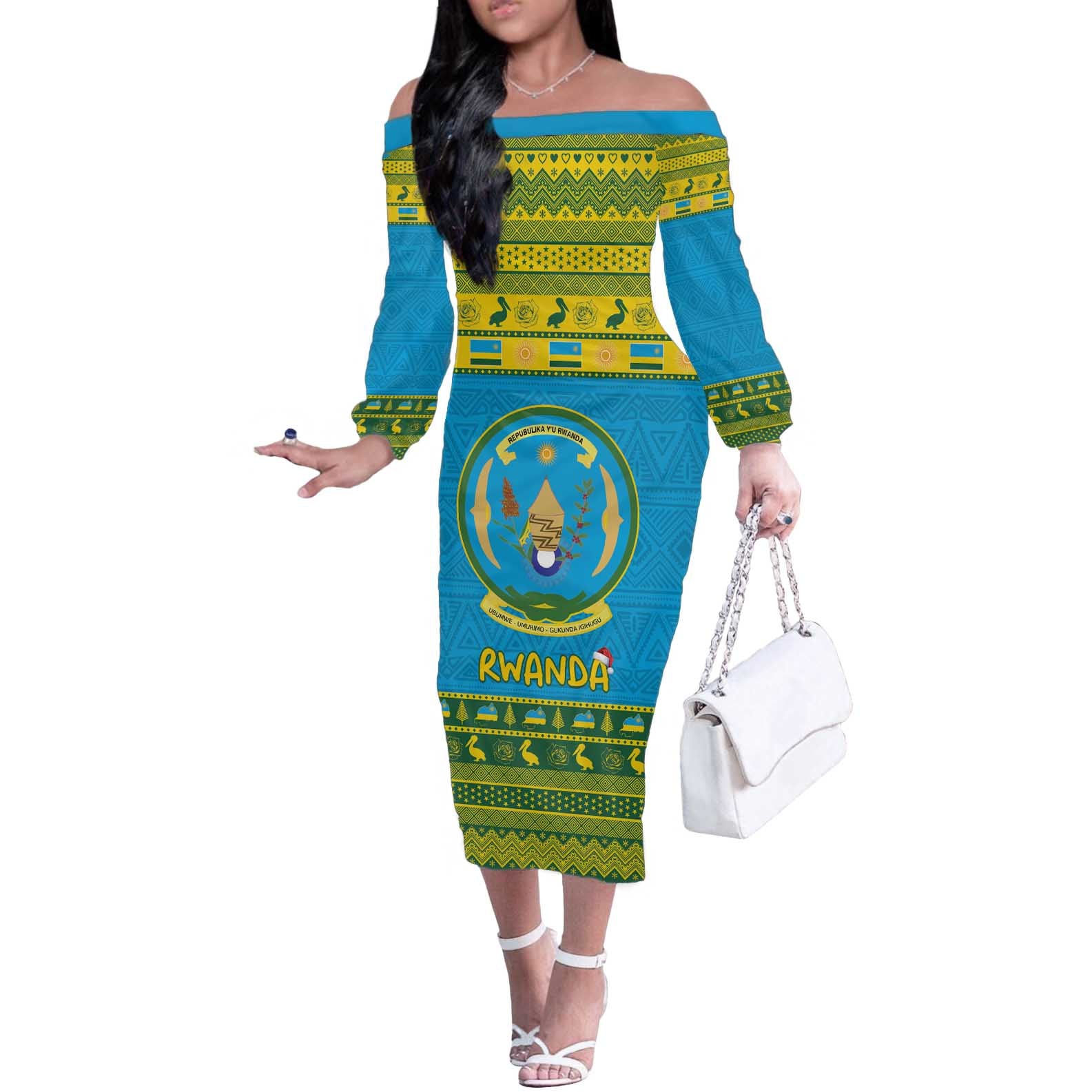 Rwanda Christmas Off The Shoulder Long Sleeve Dress Coat Of Arms Noheli Nziza