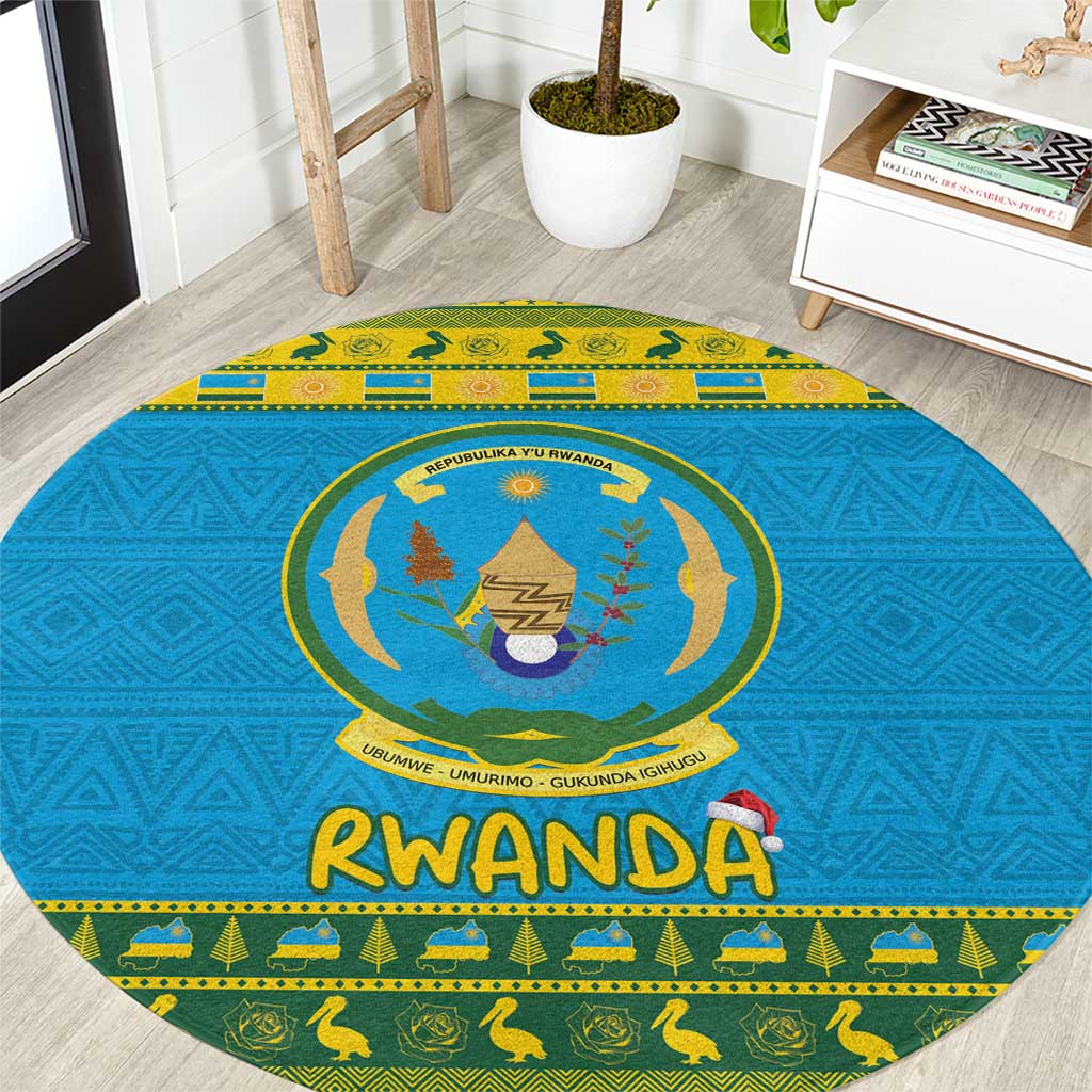 Round blue Rwanda coat of arms carpet with yellow-green border and “Rwanda” text