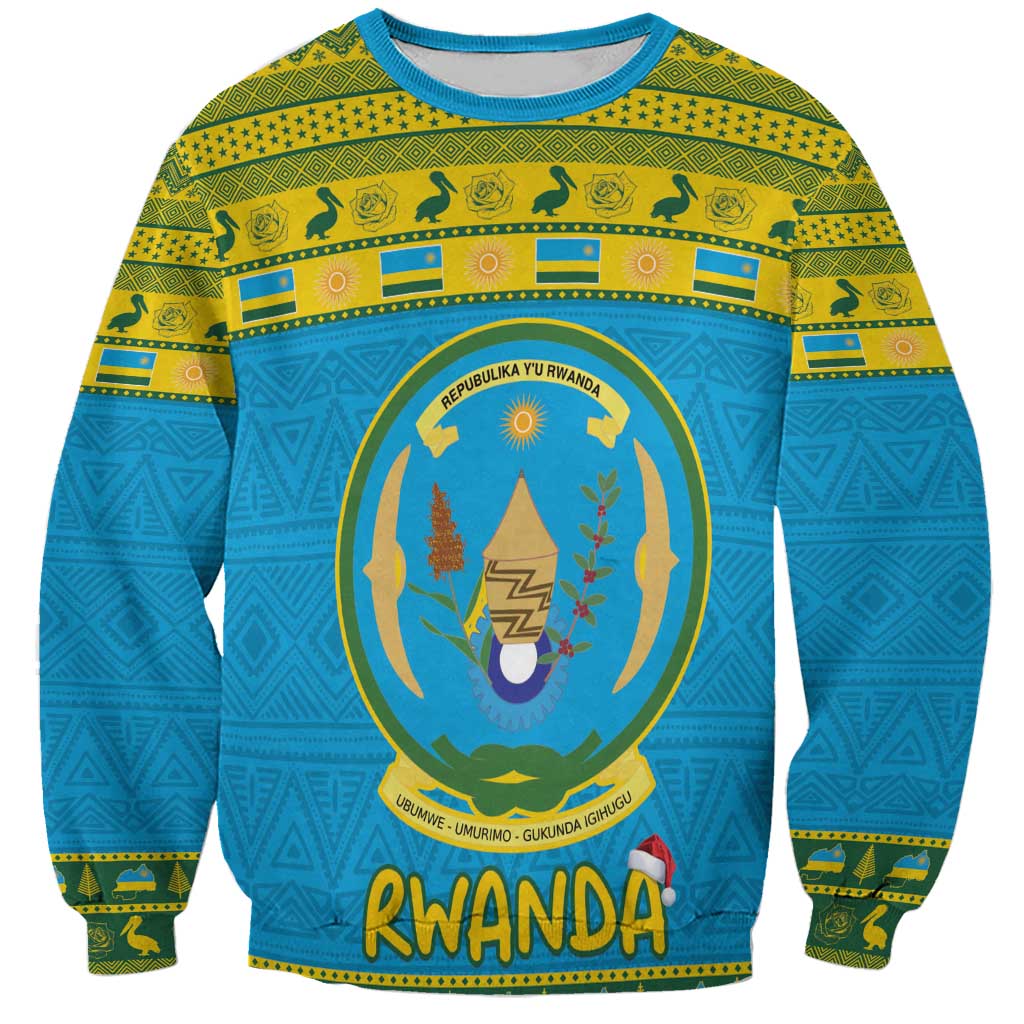 Blue crewneck sweatshirt with Rwanda coat of arms emblem and RWANDA text front