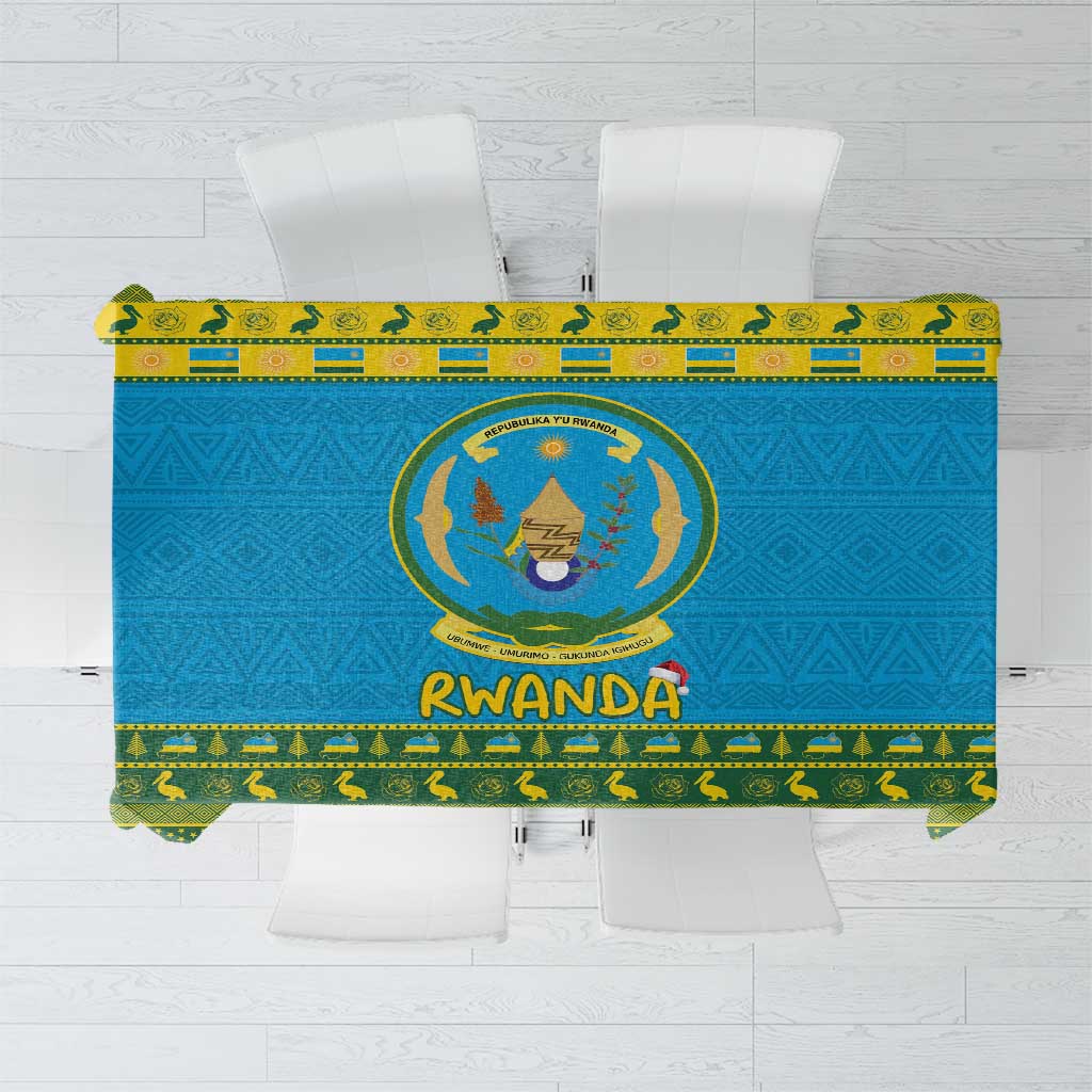 Rwanda Christmas tablecloth with coat of arms, blue and green design, yellow trim