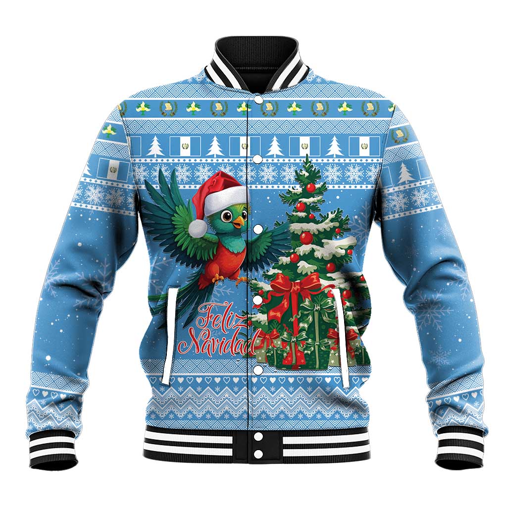 Blue unisex Christmas baseball jacket with bird graphic, Feliz Navidad text, and striped cuffs