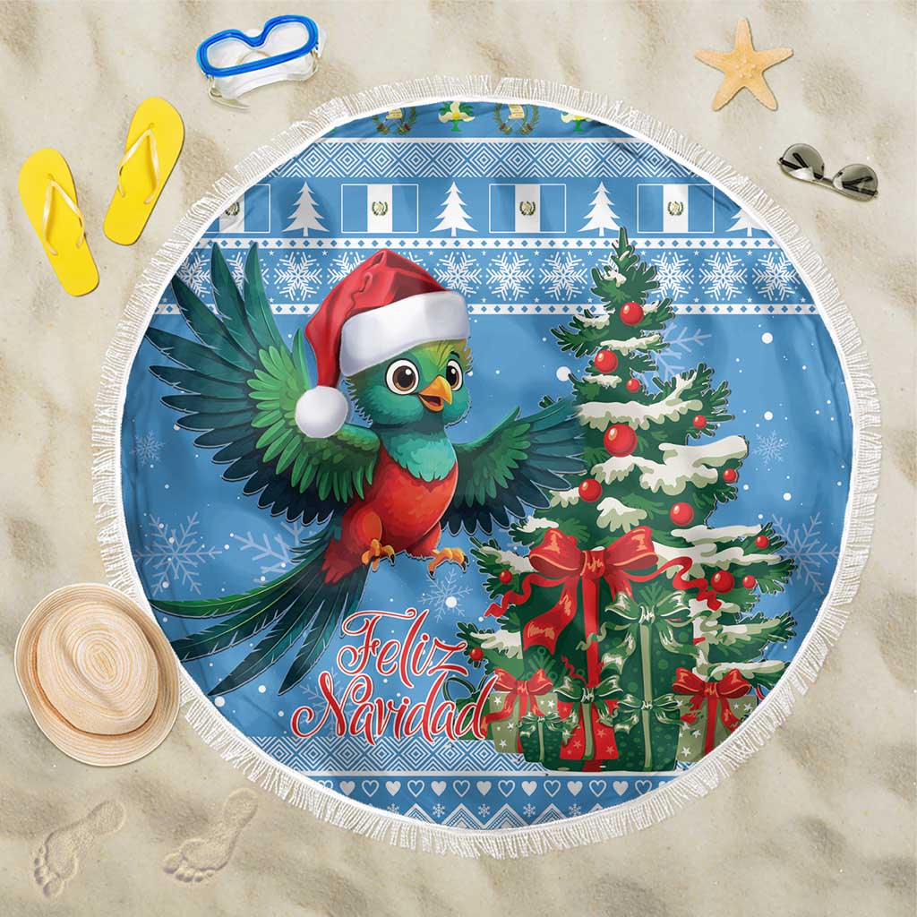 Blue round Christmas beach blanket with fringe, quetzal in Santa hat, Feliz Navidad