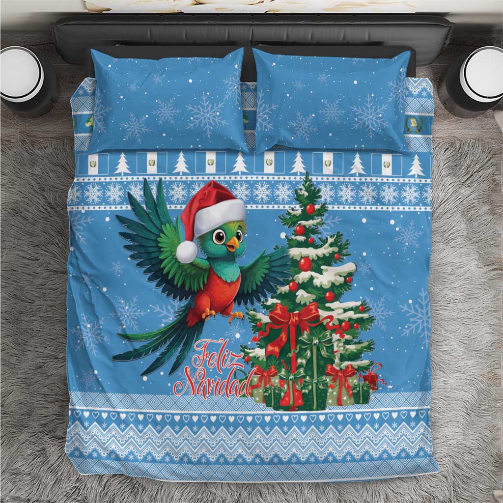 Blue Christmas bedding set with two pillowcases, festive bird and red Christmas tree, Feliz Navidad