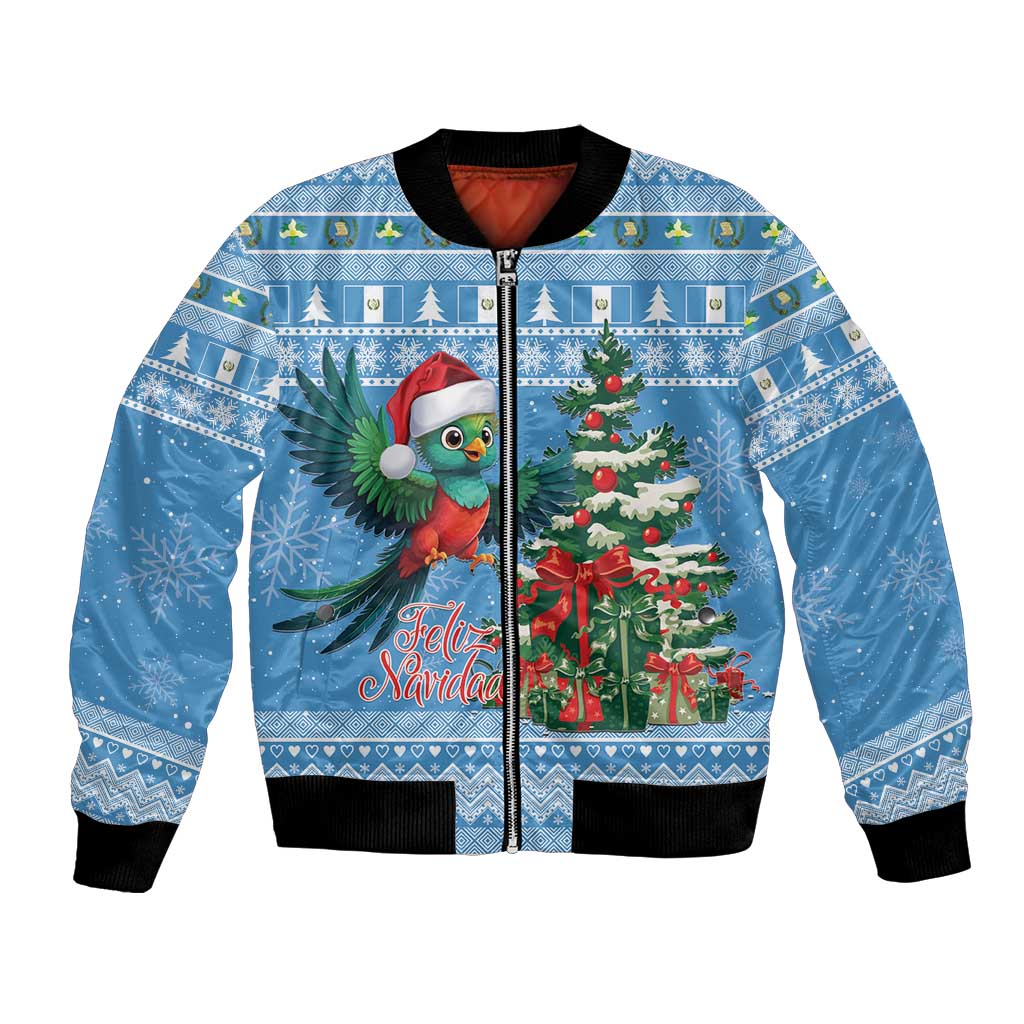 Blue unisex bomber jacket with quetzal wearing Santa hat and Feliz Navidad front print