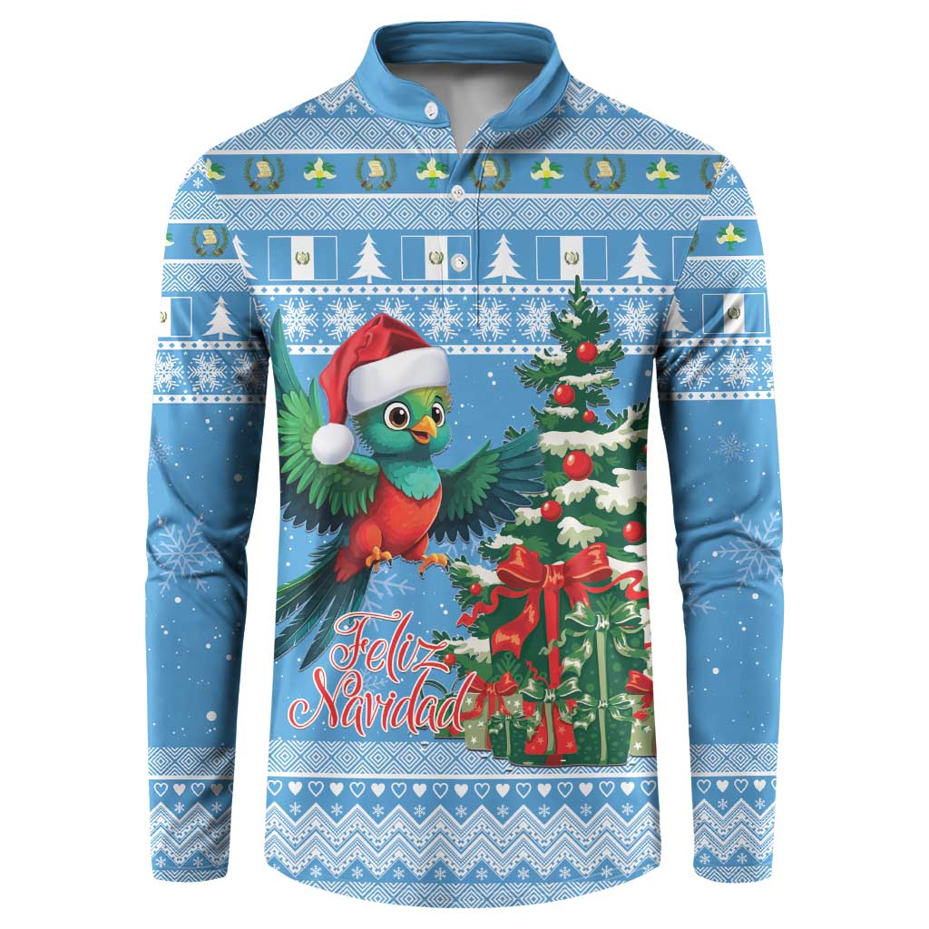 Blue Christmas button sweatshirt with colorful quetzal bird and Feliz Navidad print