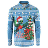Blue Christmas button sweatshirt with colorful quetzal bird and Feliz Navidad print