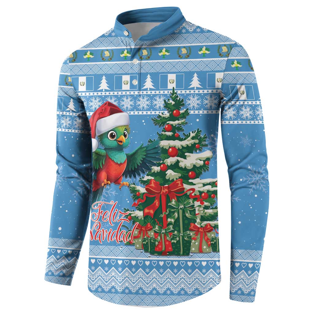 Blue Christmas button sweatshirt with quetzal bird, tree, and Feliz Navidad graphic