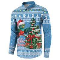 Blue Christmas button sweatshirt with quetzal bird, tree, and Feliz Navidad graphic