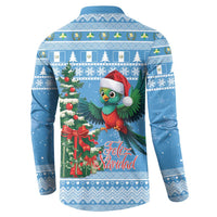 Blue Christmas button sweatshirt, back design with quetzal bird and Feliz Navidad text