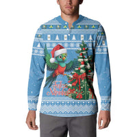 Blue Christmas button sweatshirt with quetzal bird, ornaments, and Feliz Navidad print