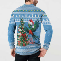 Blue Christmas button sweatshirt with large back quetzal bird and holiday ornament scene