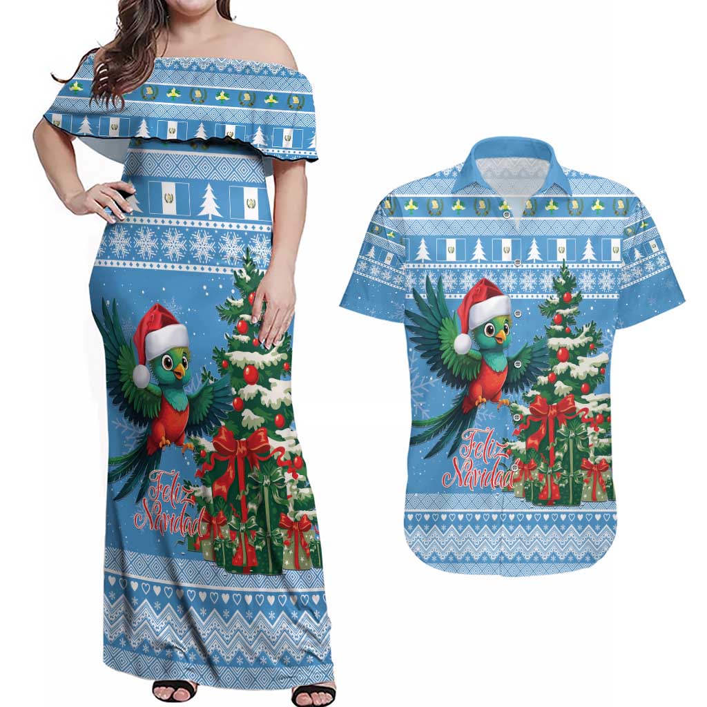 Guatemala Christmas Couples Matching Off Shoulder Maxi Dress and Hawaiian Shirt Quetzal Feliz Navidad - Wonder Print Shop