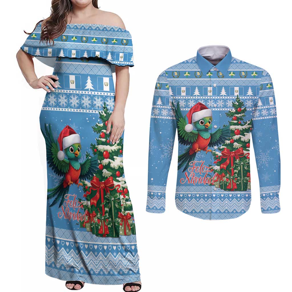 Guatemala Christmas Couples Matching Off Shoulder Maxi Dress and Long Sleeve Button Shirt Quetzal Feliz Navidad - Wonder Print Shop