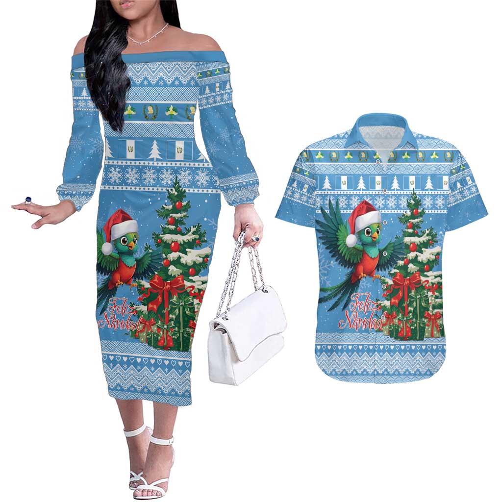 Guatemala Christmas Couples Matching Off The Shoulder Long Sleeve Dress and Hawaiian Shirt Quetzal Feliz Navidad - Wonder Print Shop