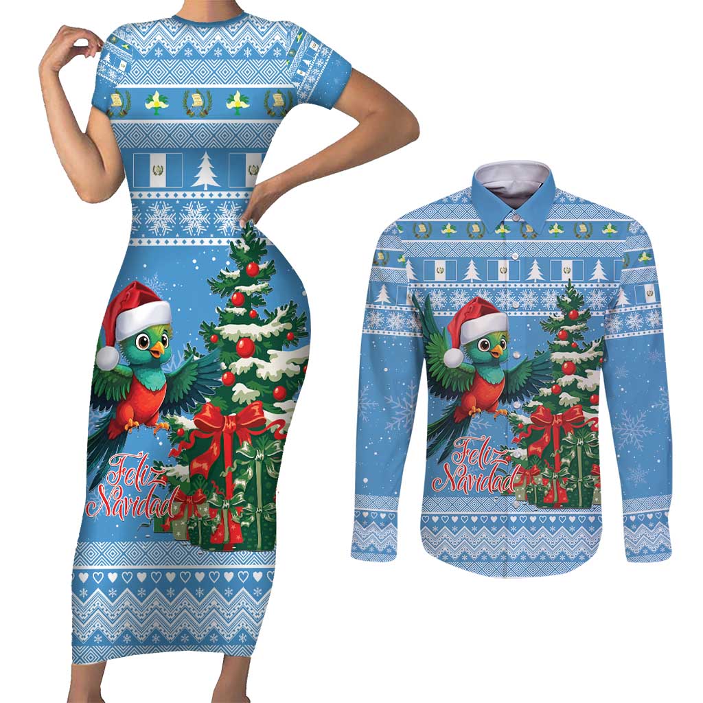 Guatemala Christmas Couples Matching Short Sleeve Bodycon Dress and Long Sleeve Button Shirt Quetzal Feliz Navidad - Wonder Print Shop