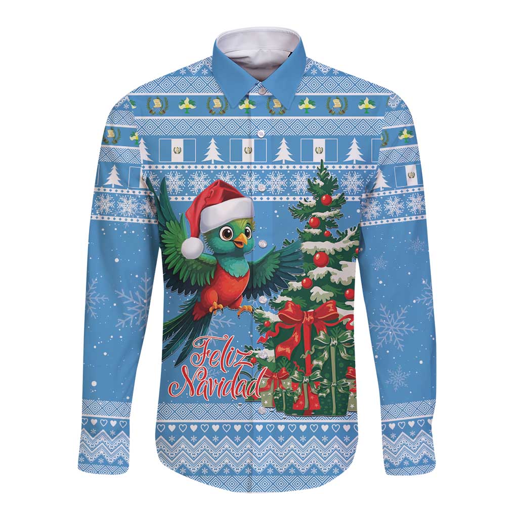 Blue long-sleeve button shirt with holiday quetzal graphic and Feliz Navidad text