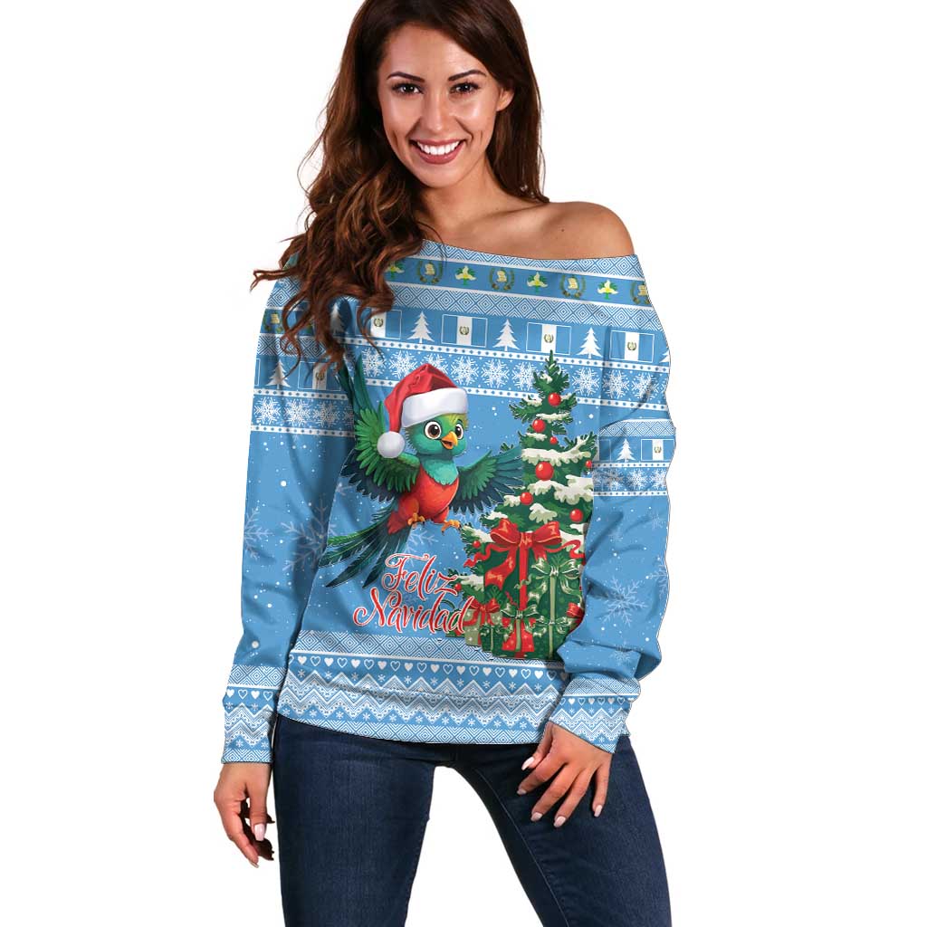 Guatemala Christmas Off Shoulder Sweater Quetzal Feliz Navidad - Wonder Print Shop