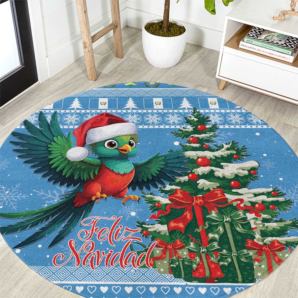 Round blue Christmas carpet with quetzal bird, pine tree and Feliz Navidad