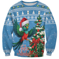 Unisex blue Christmas sweatshirt with colorful quetzal wearing a hat and Feliz Navidad text