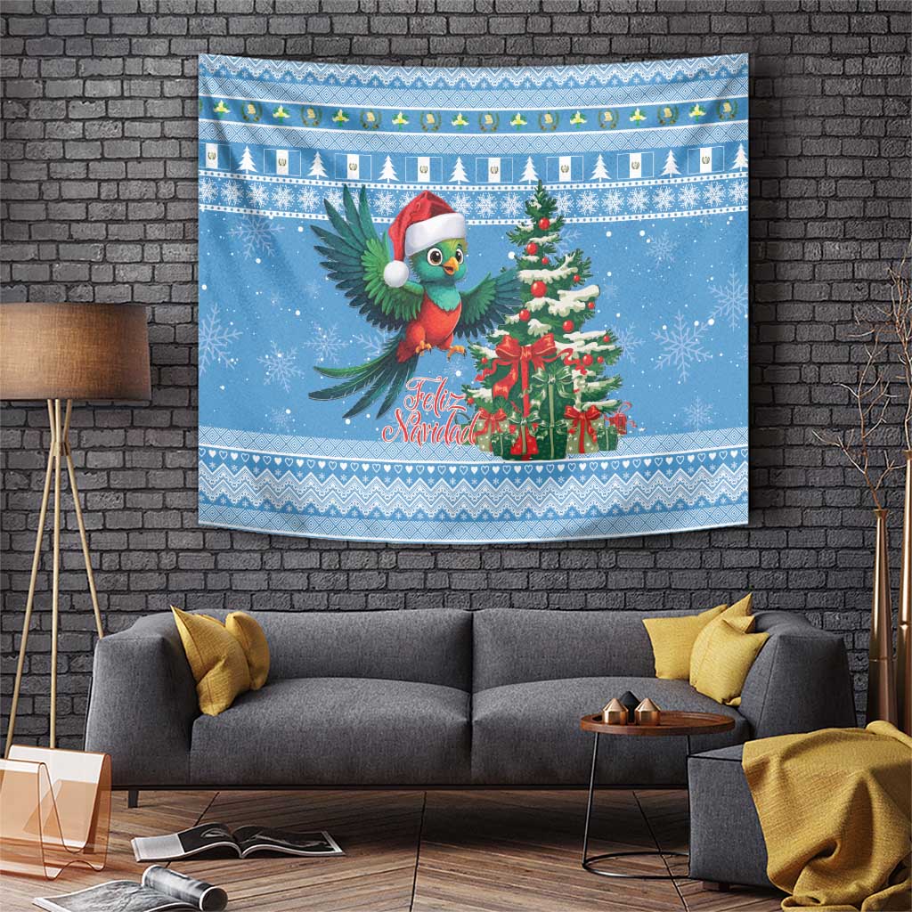 Blue Christmas tapestry with colorful quetzal wearing Santa hat beside decorated tree