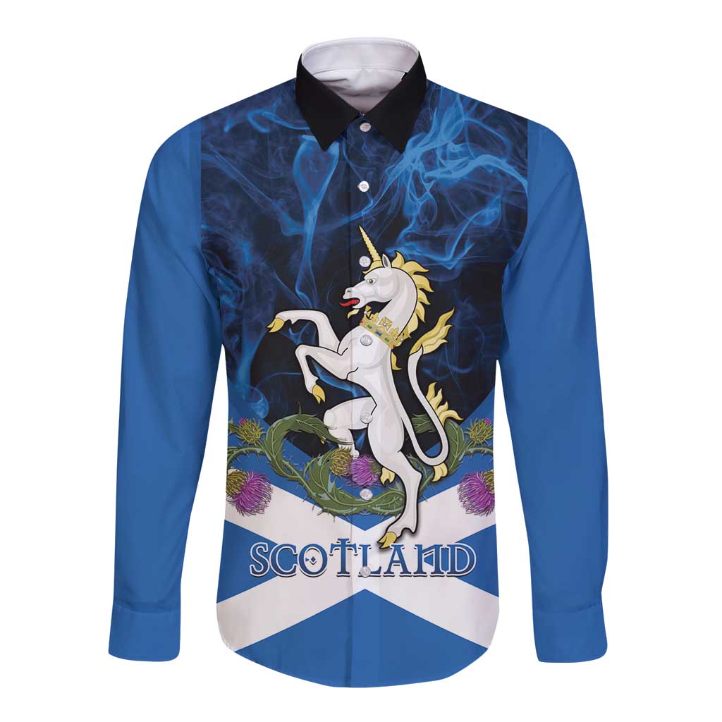Personalised Unicorn Scotland Long Sleeve Button Shirt Scottish Saltire With Thistle