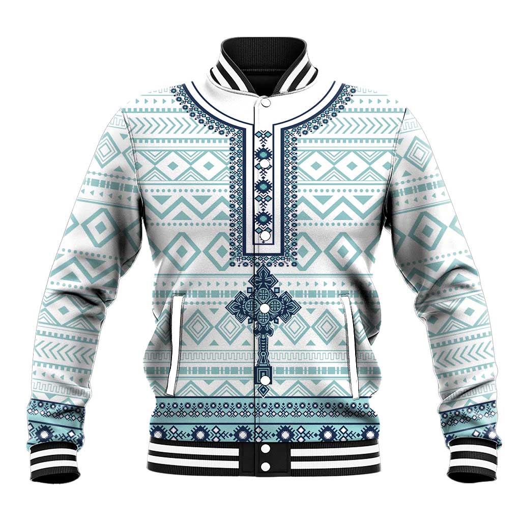 Baseball jacket in white with teal diamond and navy cross graphic, button placket, ribbed cuffs