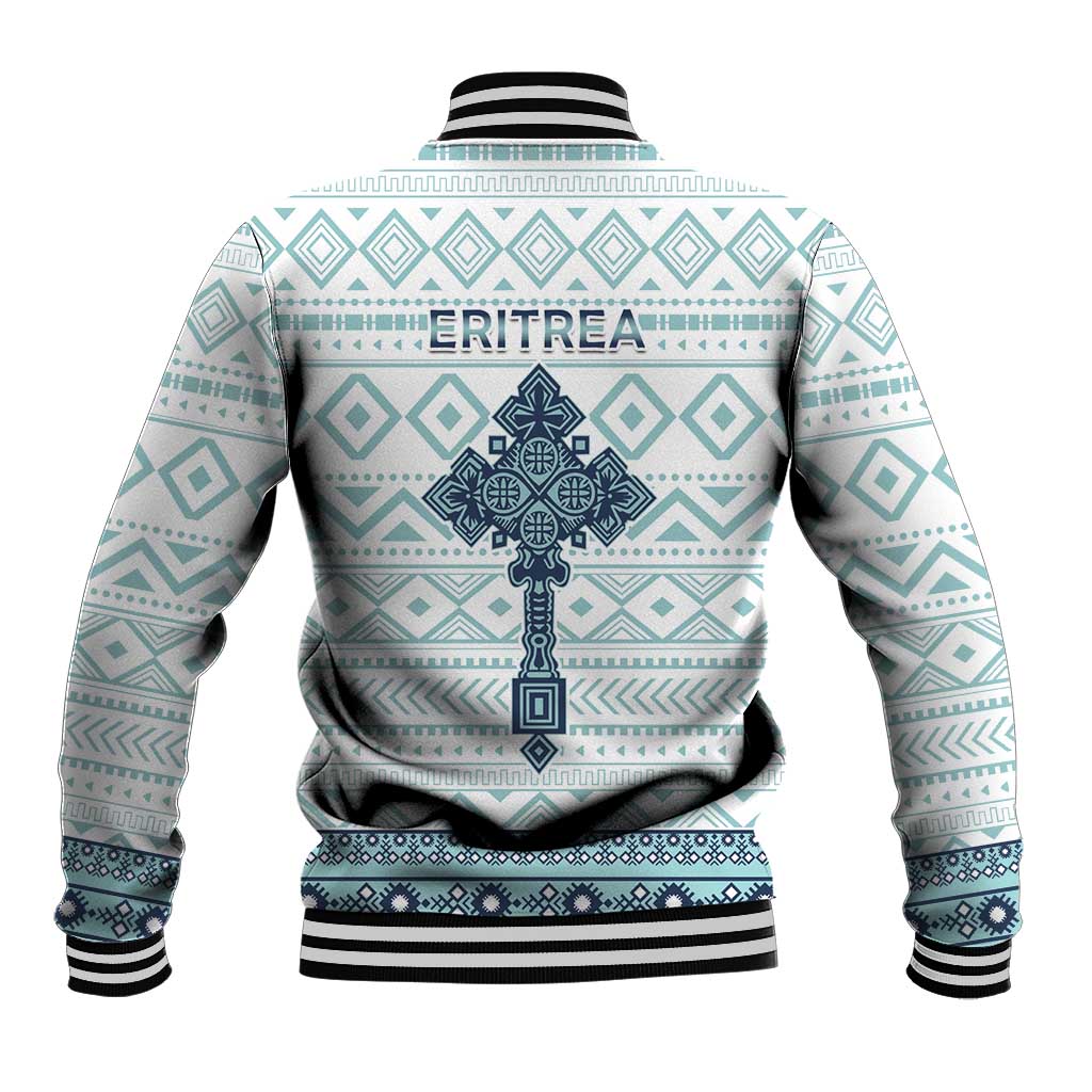 Unisex baseball jacket, white with teal and navy cross tile pattern, snap front