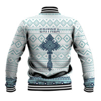 Unisex baseball jacket, white with teal and navy cross tile pattern, snap front