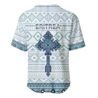 Back-view baseball jersey with light blue tile pattern, ERITREA text, navy cross emblem