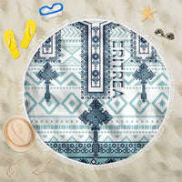 Round beach blanket, 150cm, white with teal and navy cross tile pattern, fringe edge