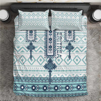 Teal and white geometric cross bedding set, includes duvet cover and matching pillow shams