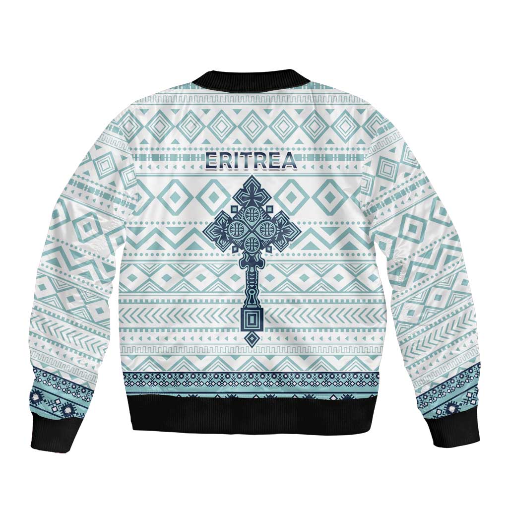 Unisex bomber jacket, back shows 'ERITREA' text and large cross motif, teal/white pattern
