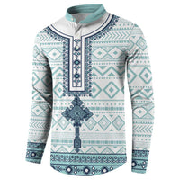 Teal, white, and navy patterned henley button sweatshirt with long sleeves