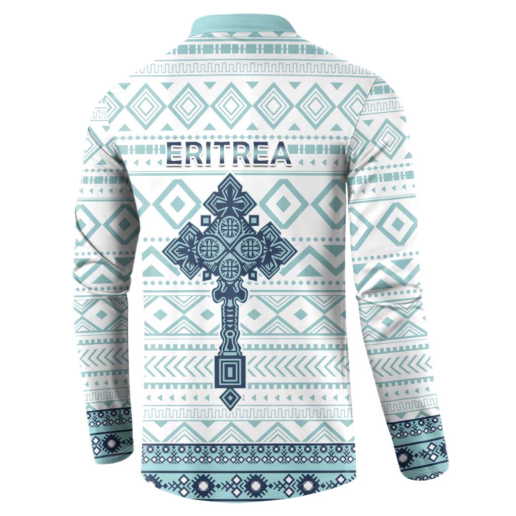 Back view of teal and white patterned button sweatshirt with navy cross graphic