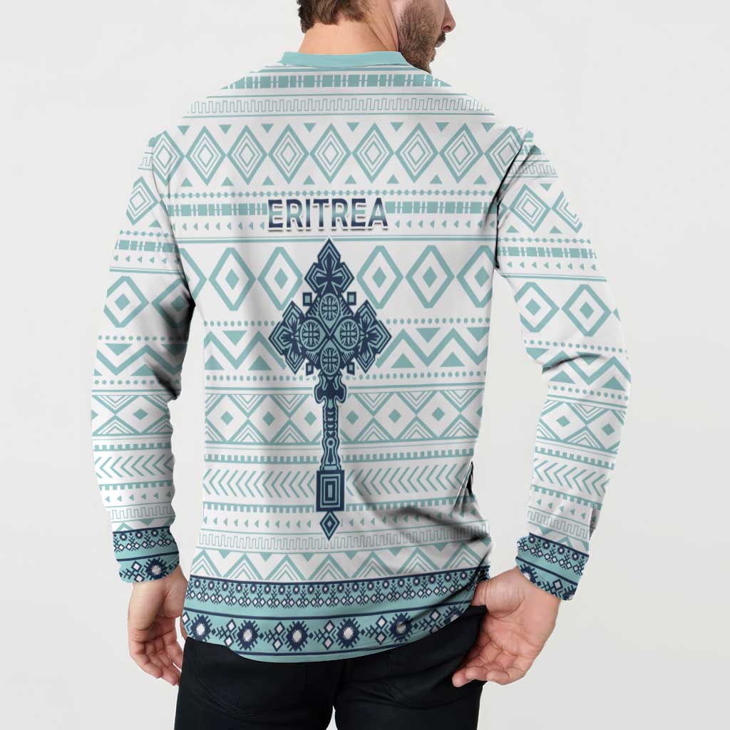 Back view on model: teal and white patterned button sweatshirt with navy motif