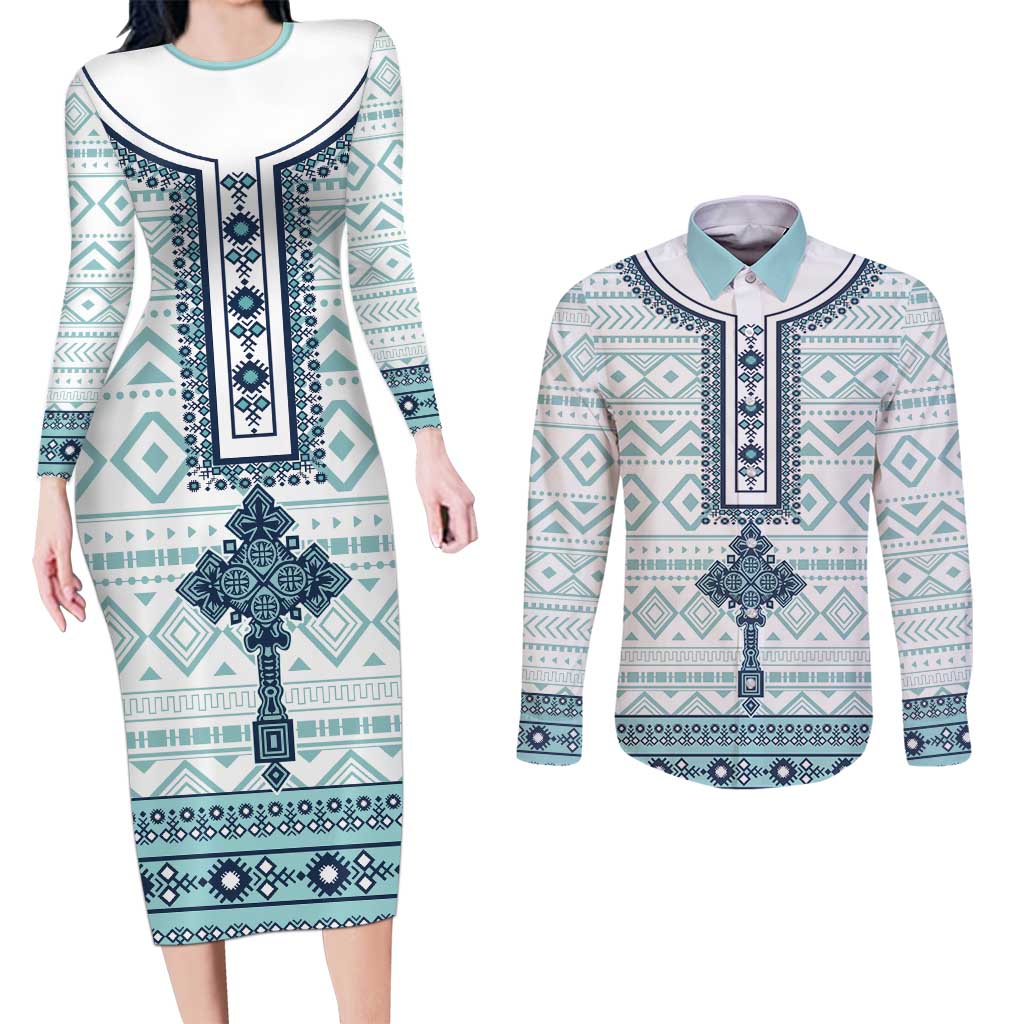 Eritrea Couples Matching Long Sleeve Bodycon Dress and Long Sleeve Button Shirt Eritrean Cross Mix Tilet Pattern