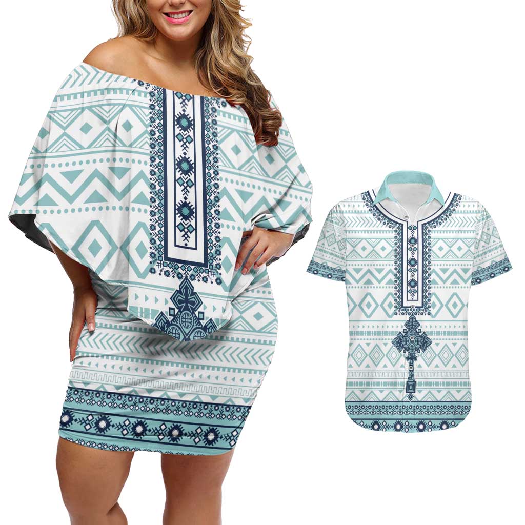 Eritrea Couples Matching Off Shoulder Short Dress and Hawaiian Shirt Eritrean Cross Mix Tilet Pattern