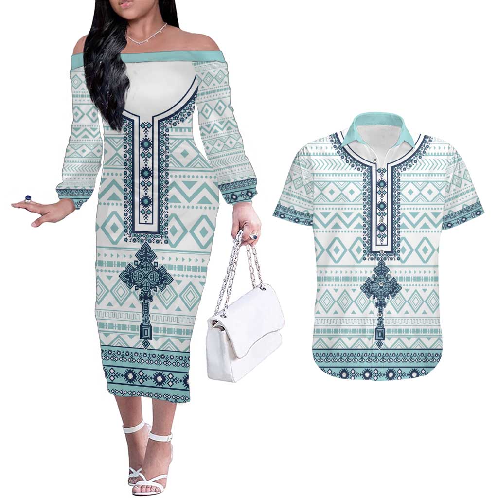 Eritrea Couples Matching Off The Shoulder Long Sleeve Dress and Hawaiian Shirt Eritrean Cross Mix Tilet Pattern