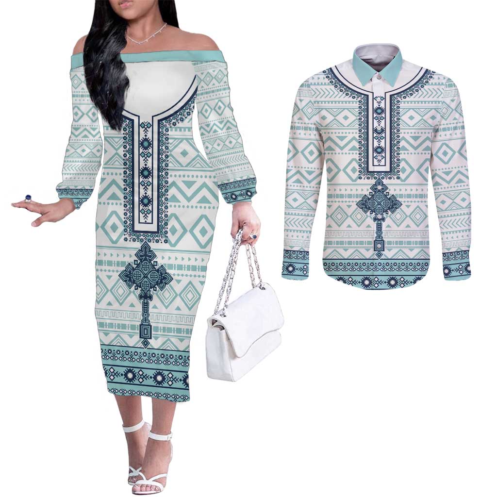 Eritrea Couples Matching Off The Shoulder Long Sleeve Dress and Long Sleeve Button Shirt Eritrean Cross Mix Tilet Pattern