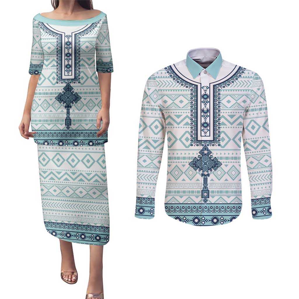 Eritrea Couples Matching Puletasi and Long Sleeve Button Shirt Eritrean Cross Mix Tilet Pattern