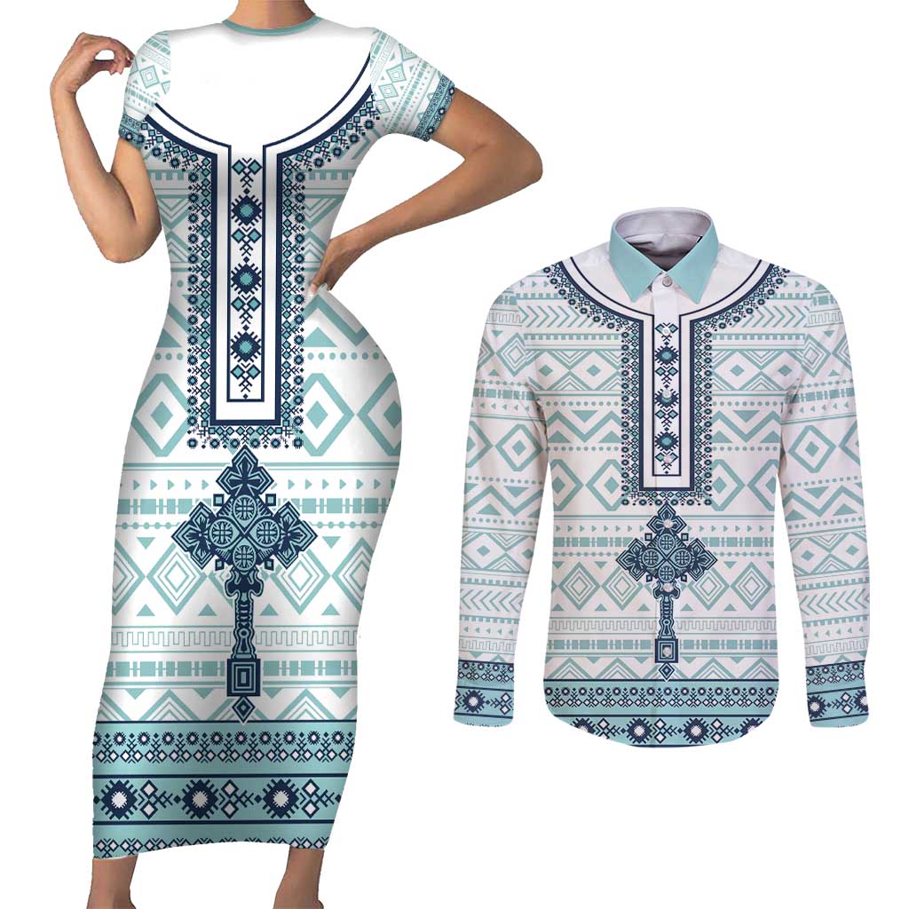 Eritrea Couples Matching Short Sleeve Bodycon Dress and Long Sleeve Button Shirt Eritrean Cross Mix Tilet Pattern