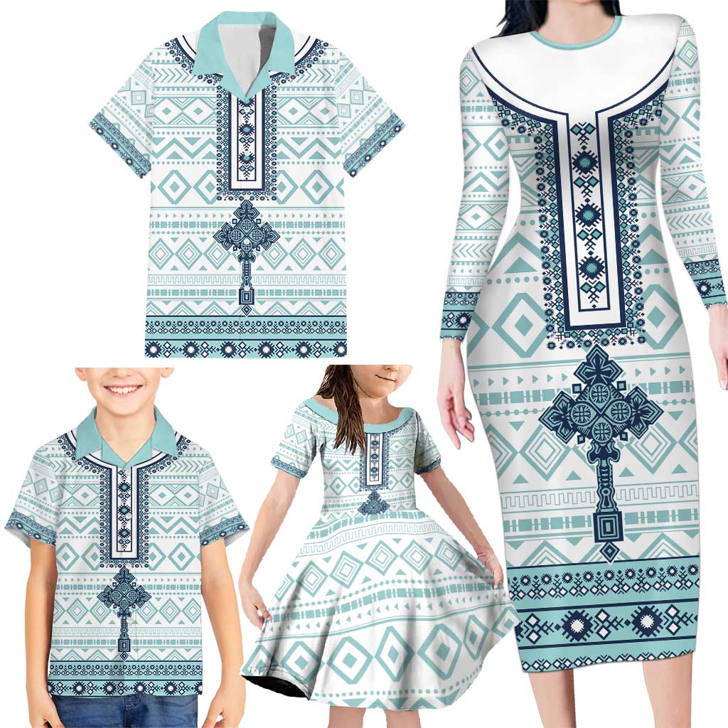 Eritrea Family Matching Long Sleeve Bodycon Dress and Hawaiian Shirt Eritrean Cross Mix Tilet Pattern