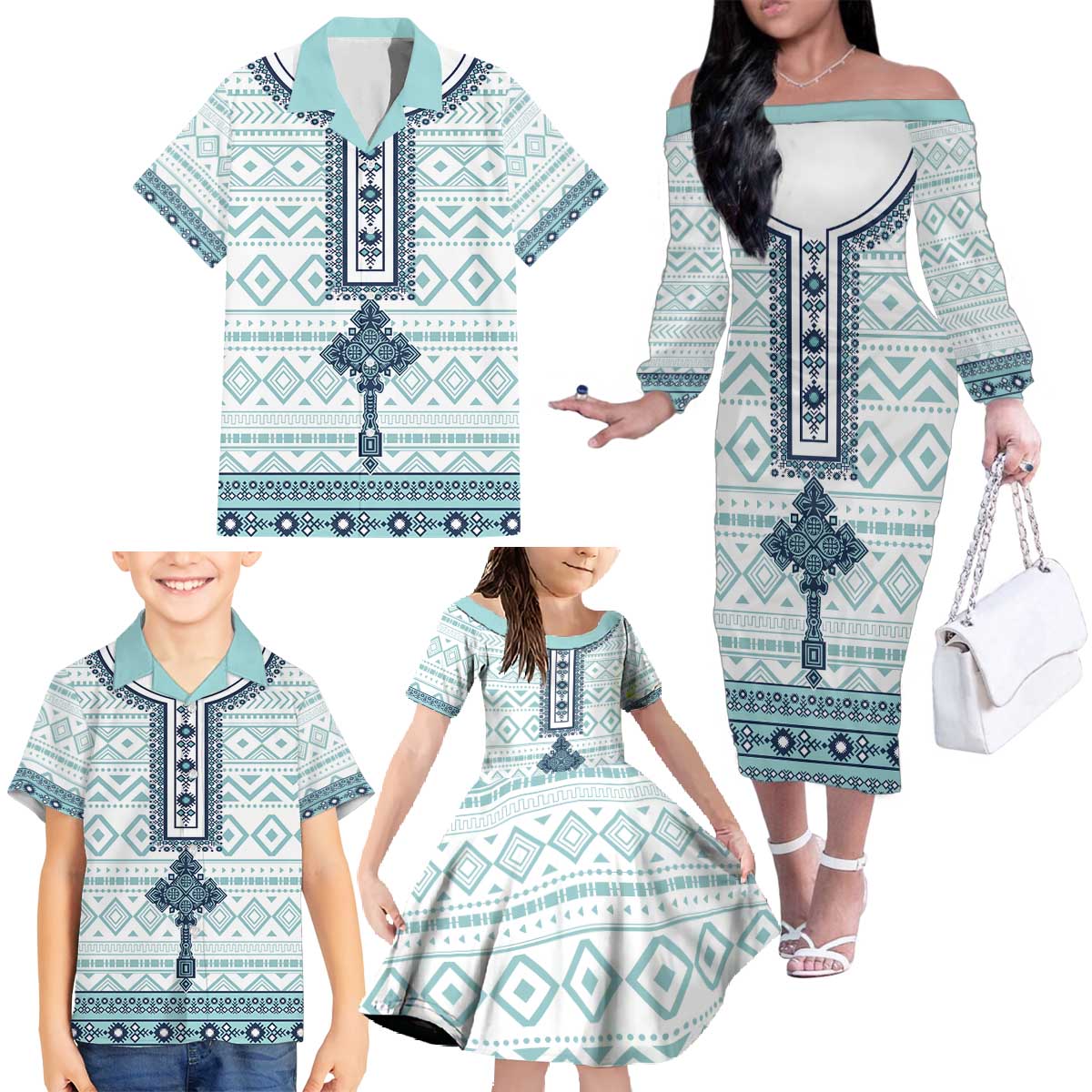 Eritrea Family Matching Off The Shoulder Long Sleeve Dress and Hawaiian Shirt Eritrean Cross Mix Tilet Pattern